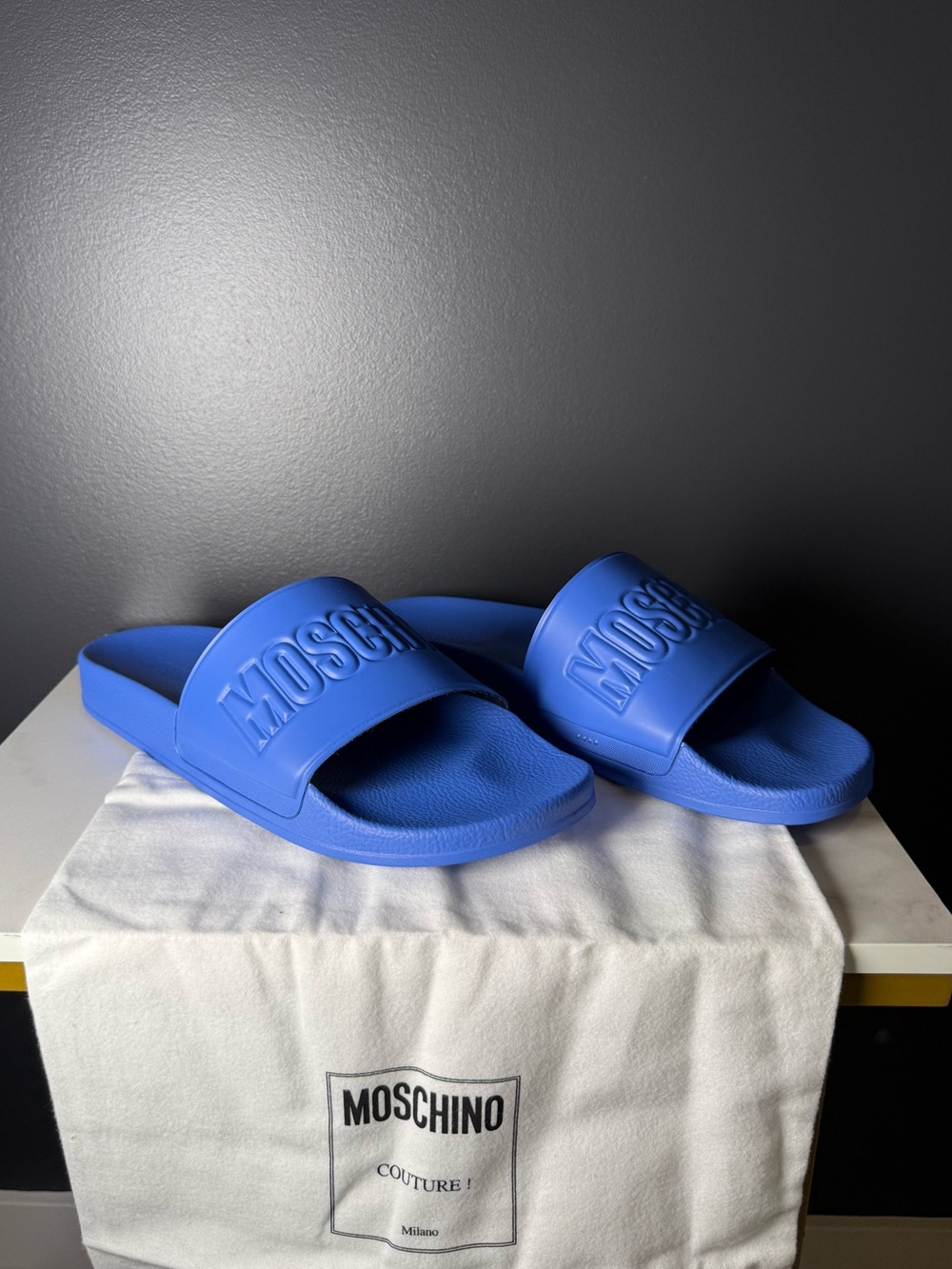 Moschino Men’s Electric Blue Logo Slide Sandals